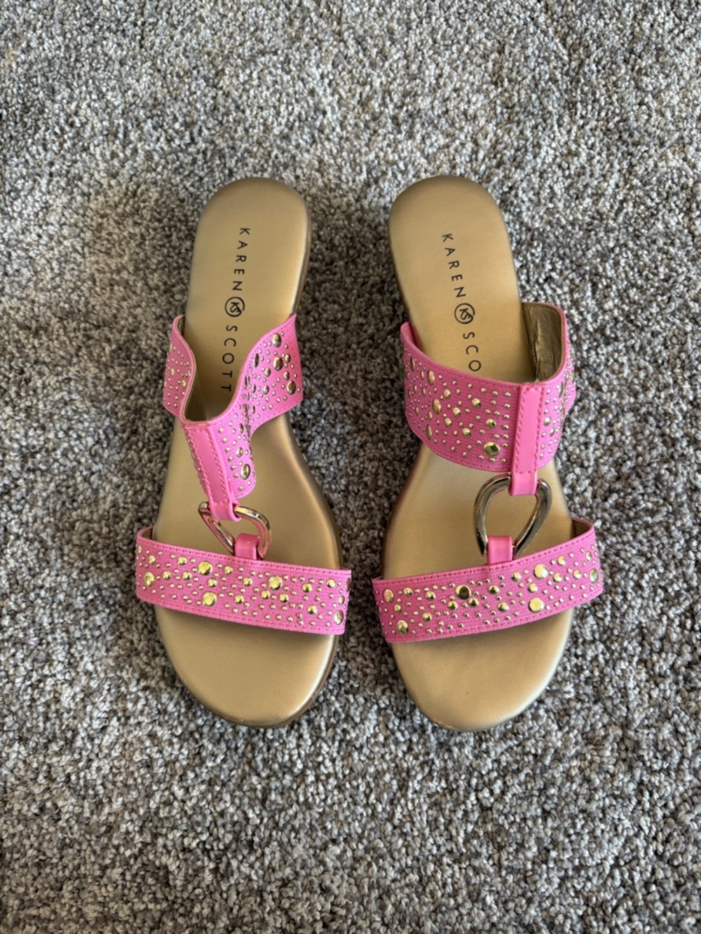 Karen Scott Hot Pink Studded Slide Sandals with Gold Rings